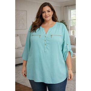 Rue+ Plus Size 2X Aqua/Mint/Teal Blouse Zip Placket Roll Tab Sleeve Top #6